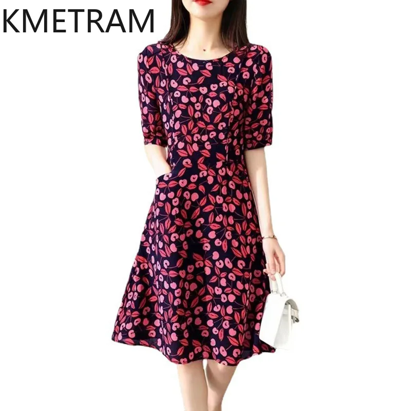 

KMETRAM High End Summer Mulberry Silk Dresses Women's Floral Mid-length Dress O-neck Clothes for Women Slim Fit Robe Femme