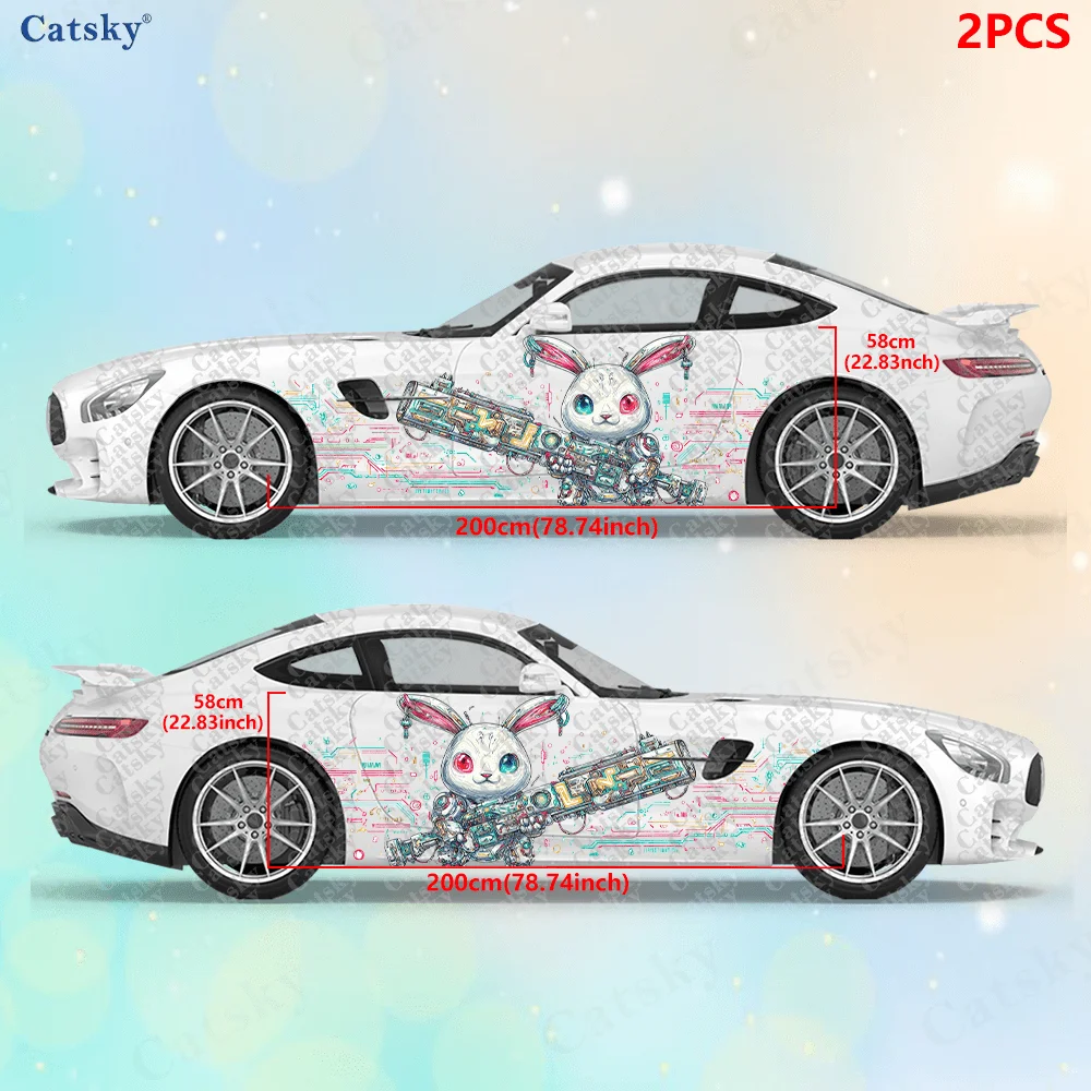 2pcs Cyberpunk Line Tech Bunny Car Side Wraps, Self-Adhesive PVC Waterproof & Scratch-Resistant Stickers, Car Accessory Gift
