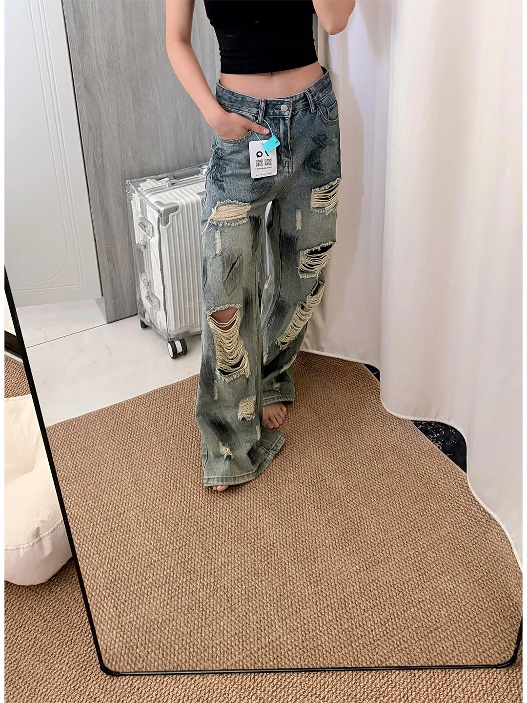 

High Waist Wide Leg Jeans Slimming Straight Cut Hole Design Summer New Style Sexy Style Medium Thickness Denim Blue Color