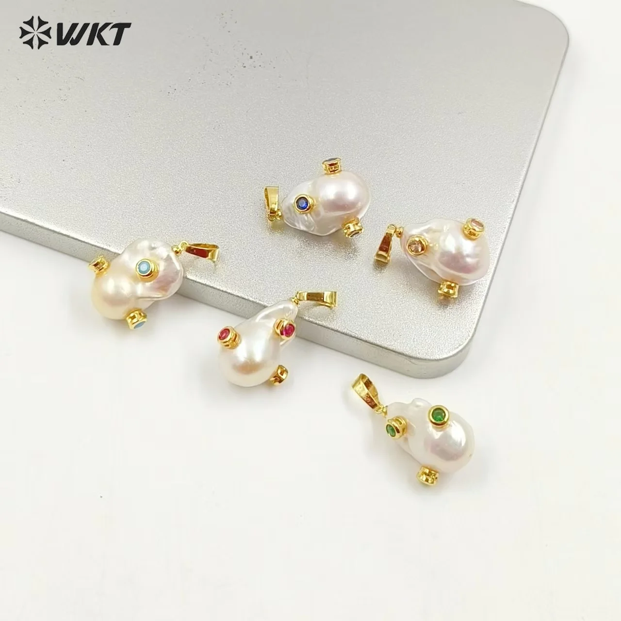 WT-MP138 WKT Natural Pearl & CZ Pendant Irregular Pearl With CZ Charm Women Fashion Necklace Women Gift Jewelry Findings