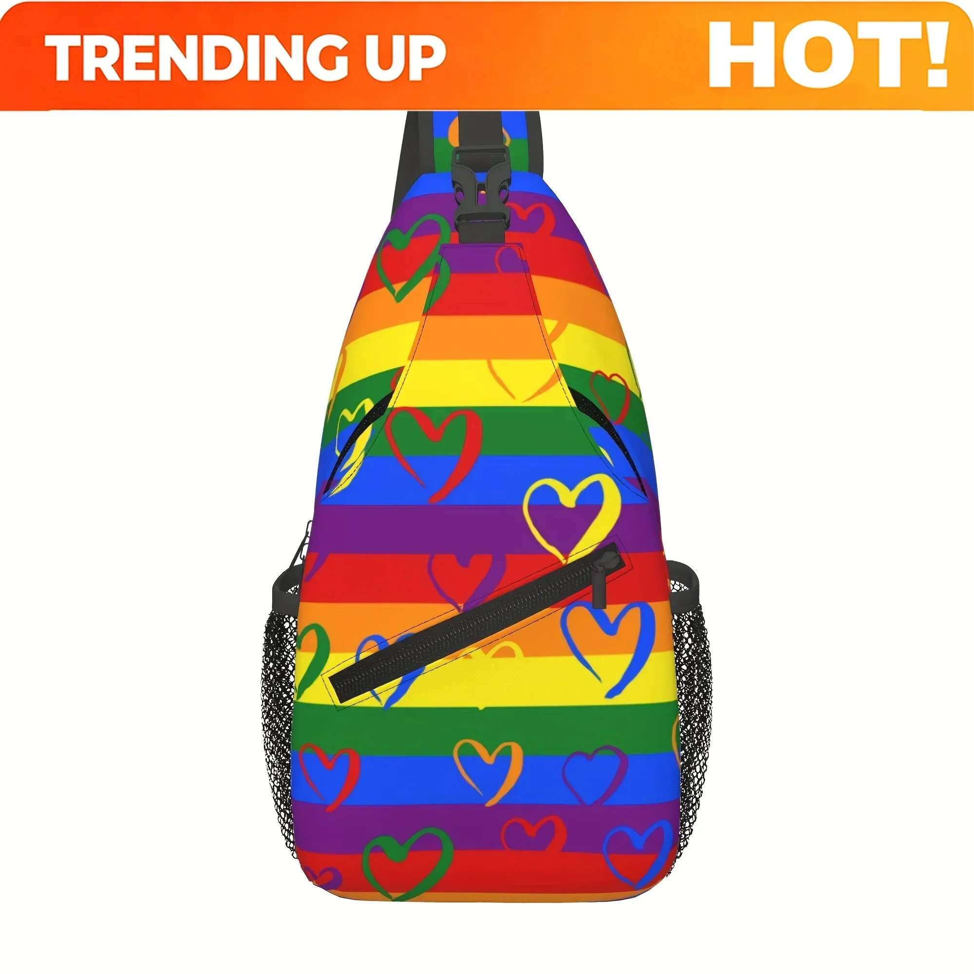 Custom LGBT Pride Flag Rainbow Heart Print Men's Convertible Chest Bag - Adjustable Crossbody Sling Bag With Zipper Closure, Dur