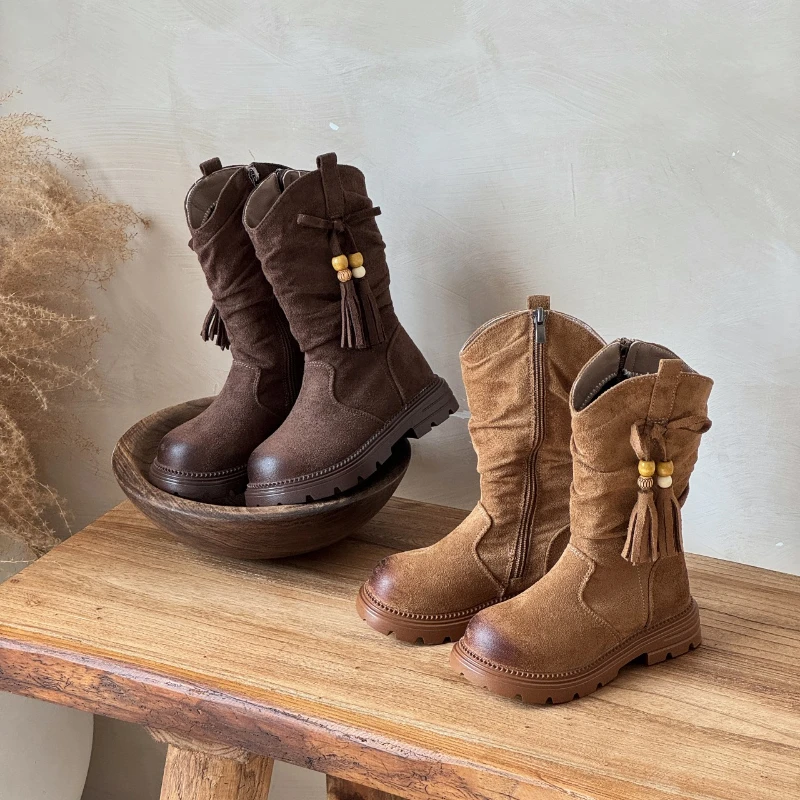 

Children's Fashion Suede Mid - Calf Boots - Brown Shades Tassel & Bead Decor, Side Zipper Western Style Kids Shoes for Girl