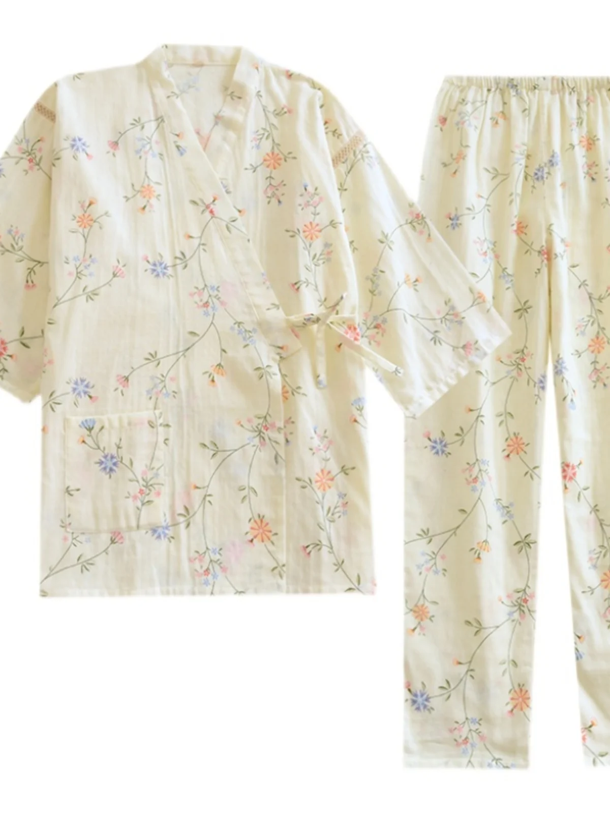 New Japanese Sle Pure Cotton Gauze Floral Print Spwear Long Pants Seven Sve Summer Thin Home Clothes St Suit