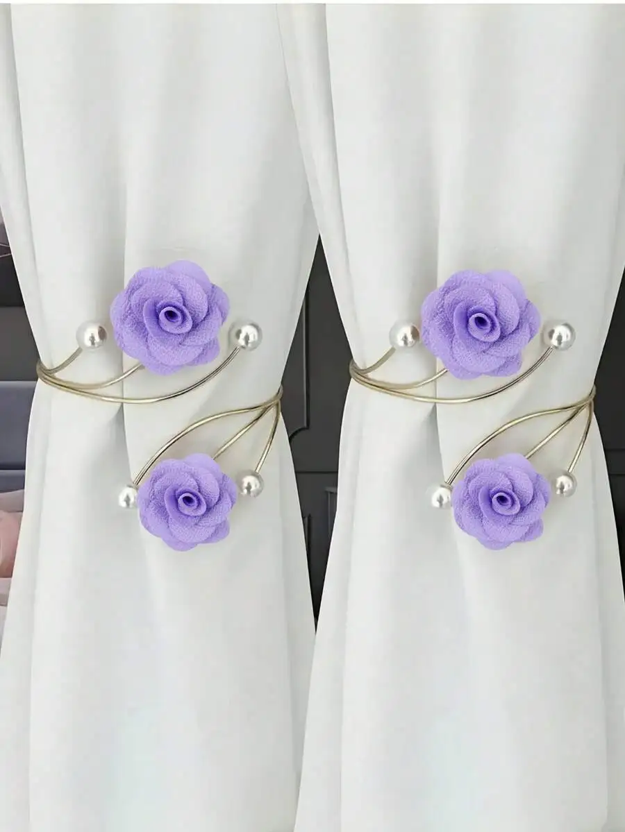2pcs/1pc Pearl Flower Alloy High-End Curtain Buckle, No-Drill Curtain Tie Backs, Rose Flower Curtain Tie Bands, Metal & view 3