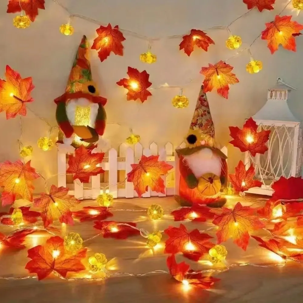 New 1.5M LED Light String Battery Operated DIY Pumpkin String Lights Hanging Maple Leaf Lights Thanksgiving