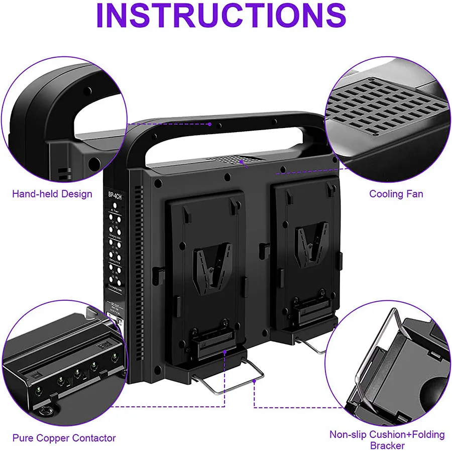 Cargador de batería con bloqueo en V de 4 canales, BP-4CH con salida de fuente de alimentación de 16,5 V CC, Compatible con cualquier batería de montaje en V