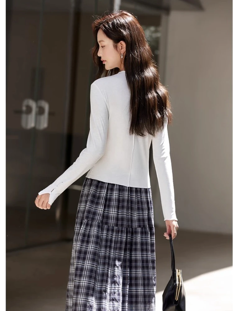 VIMLY Women's Long Sleeve White T-shirts Casual Ruched Crew Neck Ladies Tops Autumn 2025 New Knitted Slim Fit Female Tees A2389