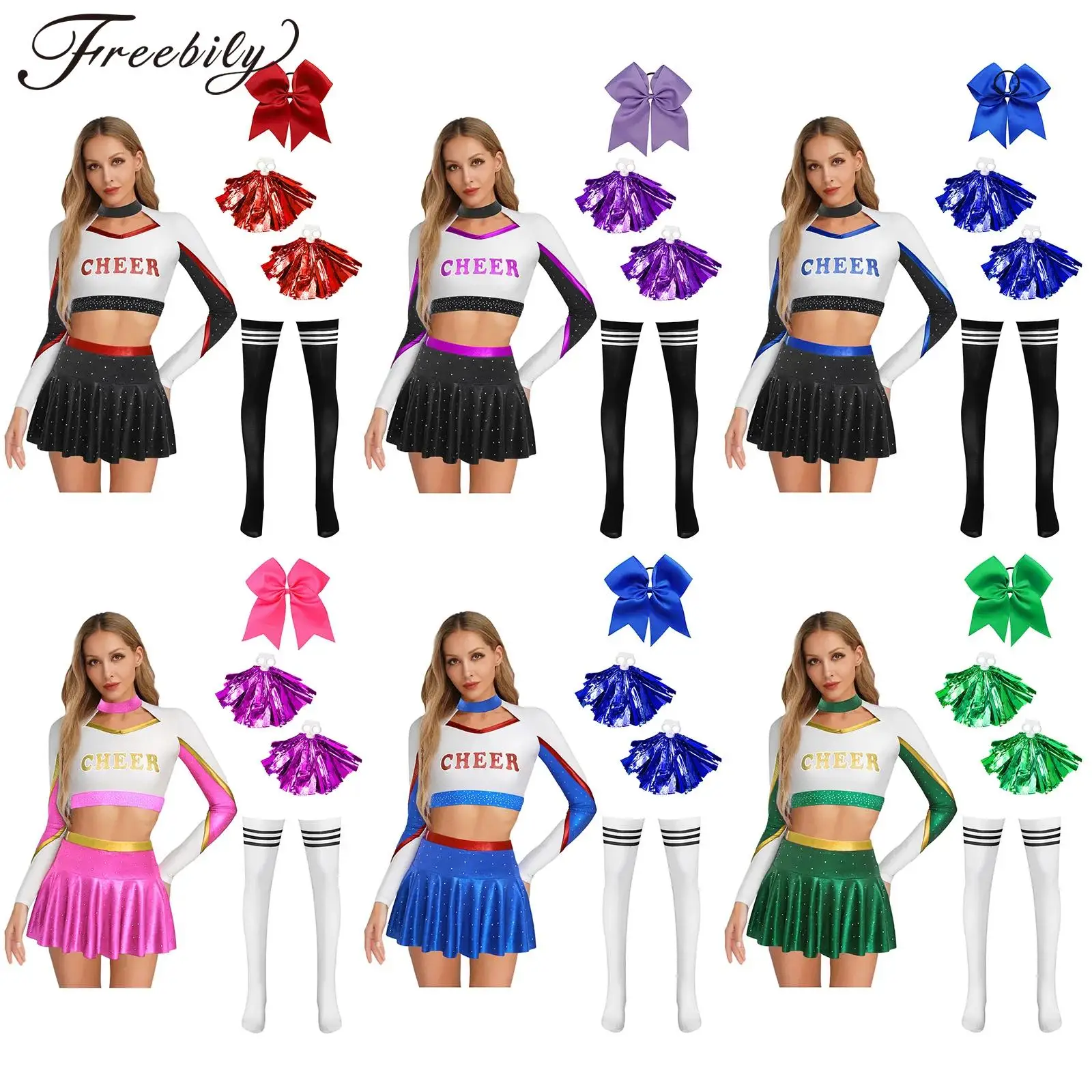

Adults Cheerleader Dress Up Clothes Womens Cosplay Cheerleading Uniforms Crop Top Miniskirt + Flower Balls Cheer Dance Suit