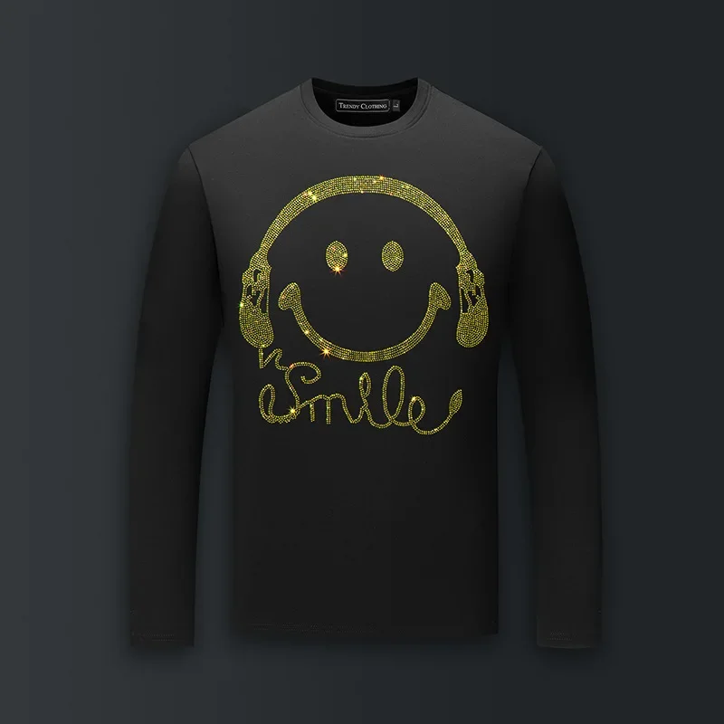 

Плюс размер футболки с круглым вырезом и длинным рукавом мужские топы с улыбкой на лице и стразами модная уличная одежда тонкие хлопковые футболки из модала мужская одежда