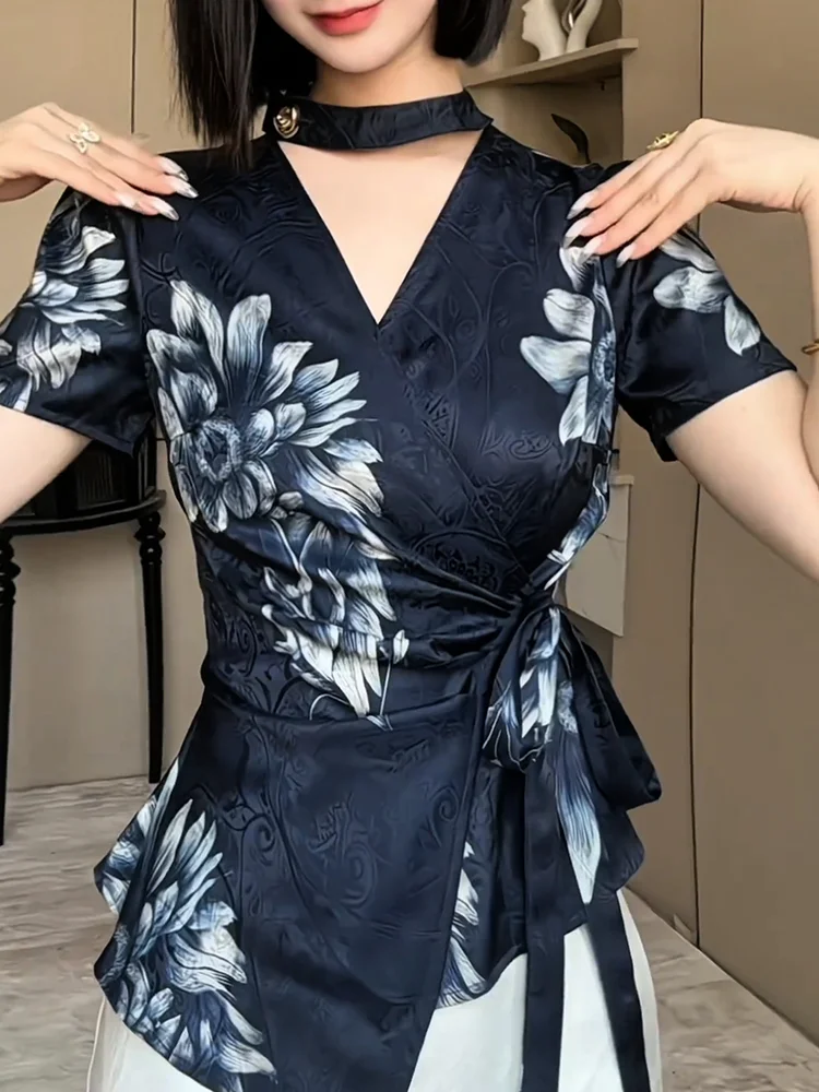 

New Chinese Sle Slimming Printed irt V-Ne Tie Waist Women's Summer Faion plus Size Floral Design Commute Sle Inner ...