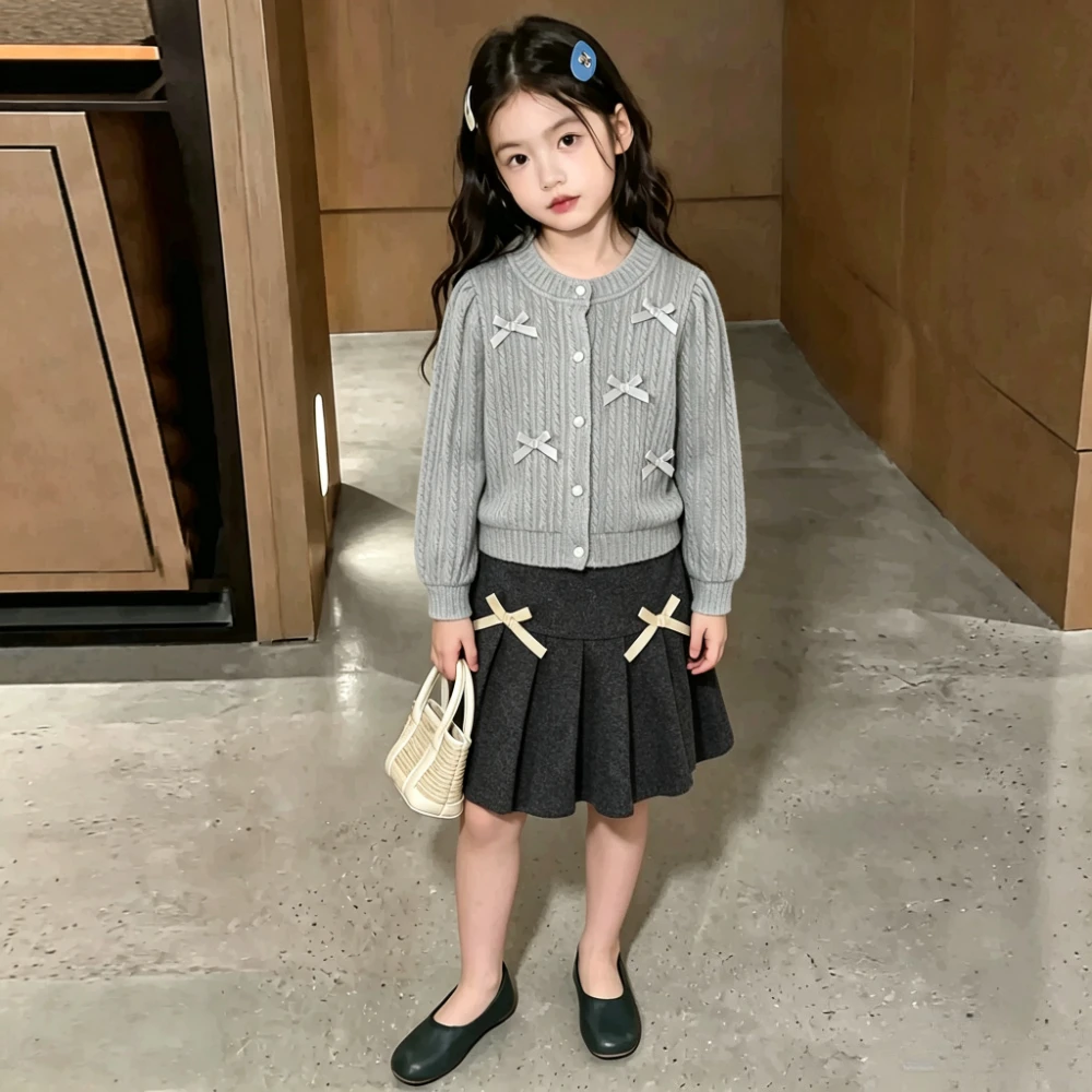 2026 Fashion Casual Children's 2Pcs Set Korean Grey Long Sleeved Autumn Girls' Clothing Bow Single Breasted Top + Short Skirt