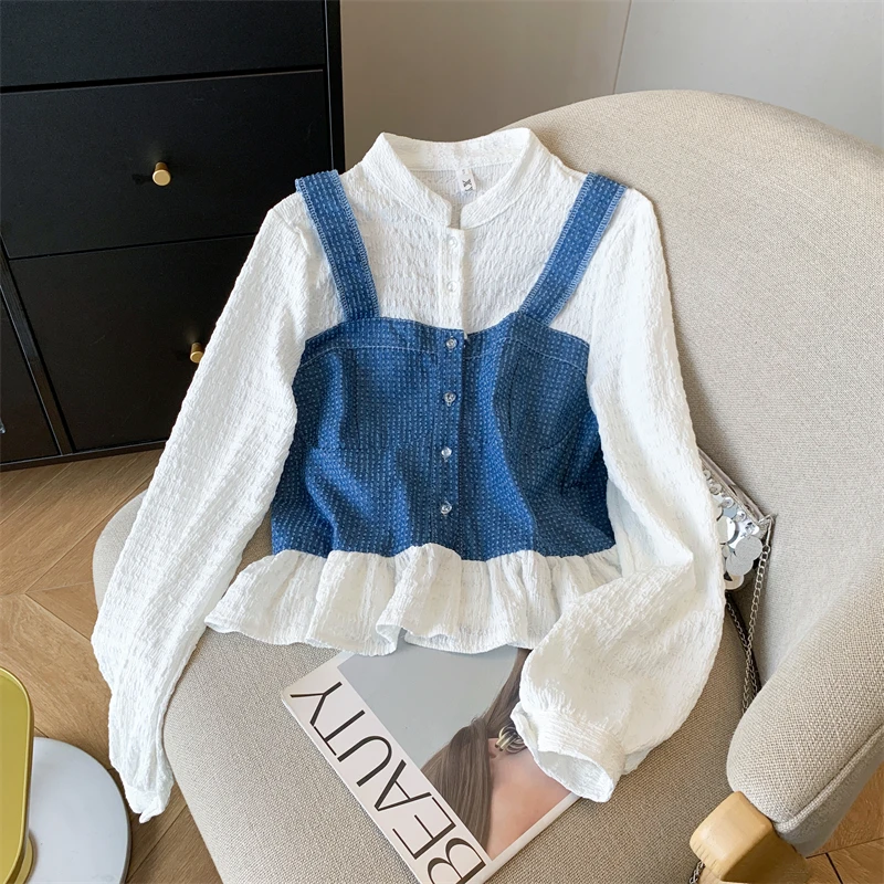 

Cowboy Splicing fake 2-Piece Long Sleeved Shirt Autumn New Elegant Stand Up Collar Waist Cinched Plus Size Doll Shirts Top Women