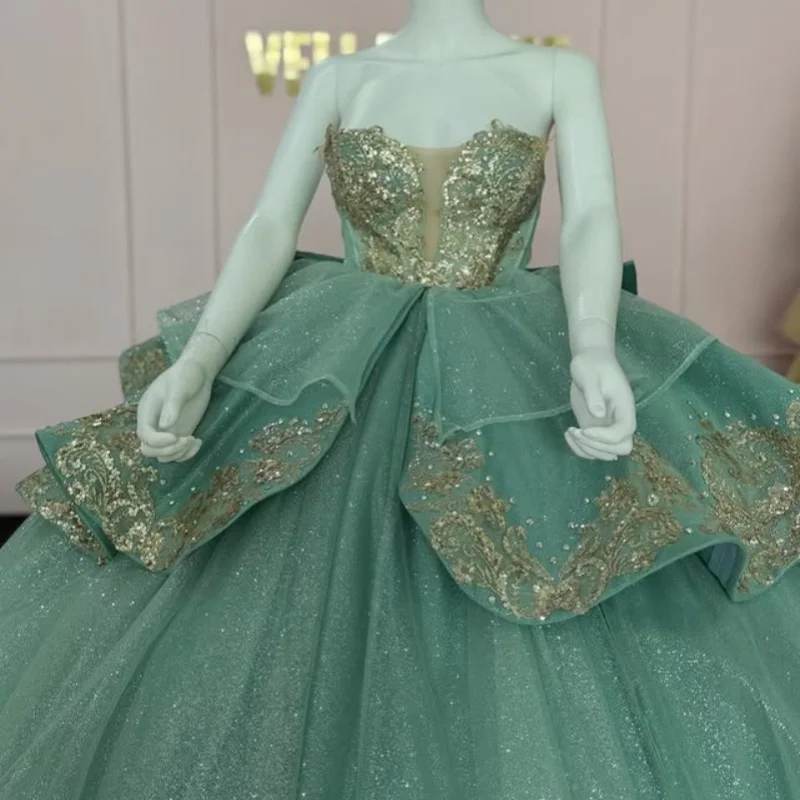 

Shiny olive Quinceanera Dress off-shoulder glitter decal Long tail layering vestidos de 15 Quinceanera ﻿Customize