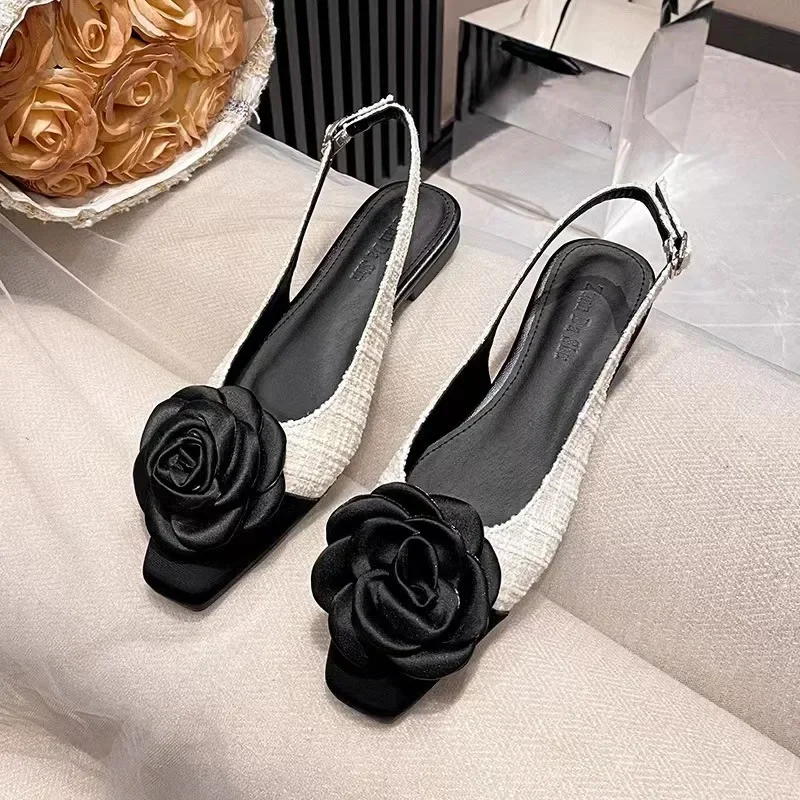 Zapatos planos elegantes con punta cuadrada para mujer, sandalias informales florales suaves y transpirables, estilo francés, bloqueo de Color, verano, 2024