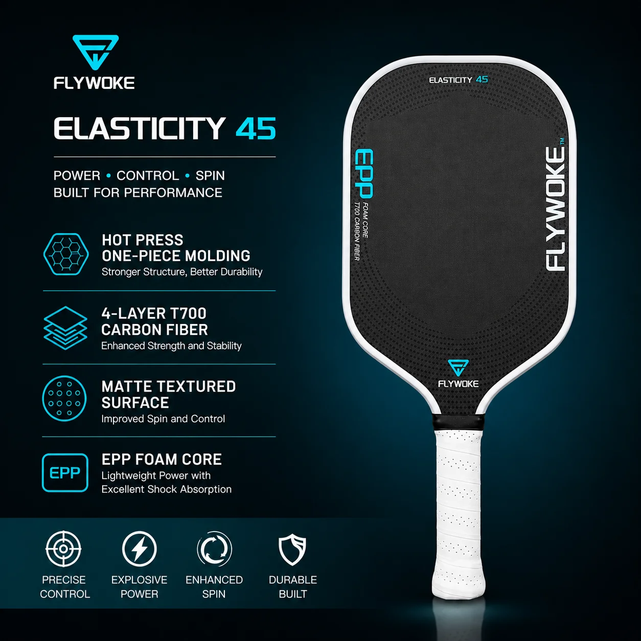

FlyWoke-G5.0 High Elasticity Pure EPP Core T700 Carbon Fiber High Friction Pickleball Paddle for Enhanced Performance