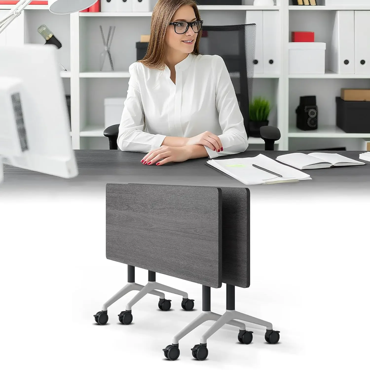 

Folding Mobile Training Table Flip Top Nesting Rolling Stackable Office Seminar Room Meeting 47.2in Grey,Custom