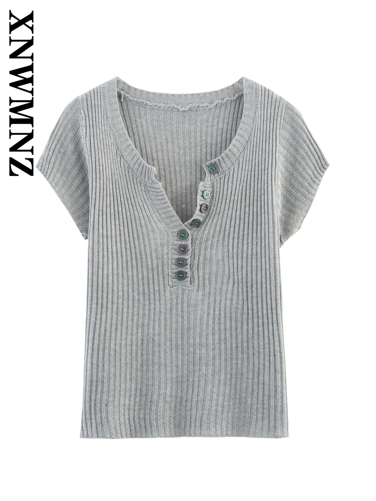 XNWMNZ 2025 Zomer Vrouwelijke Vintage Woon-werkverkeer V-kraag Gebreid T-shirt Casual Lente Vrouw Korte Mouw Trui Mode Trui