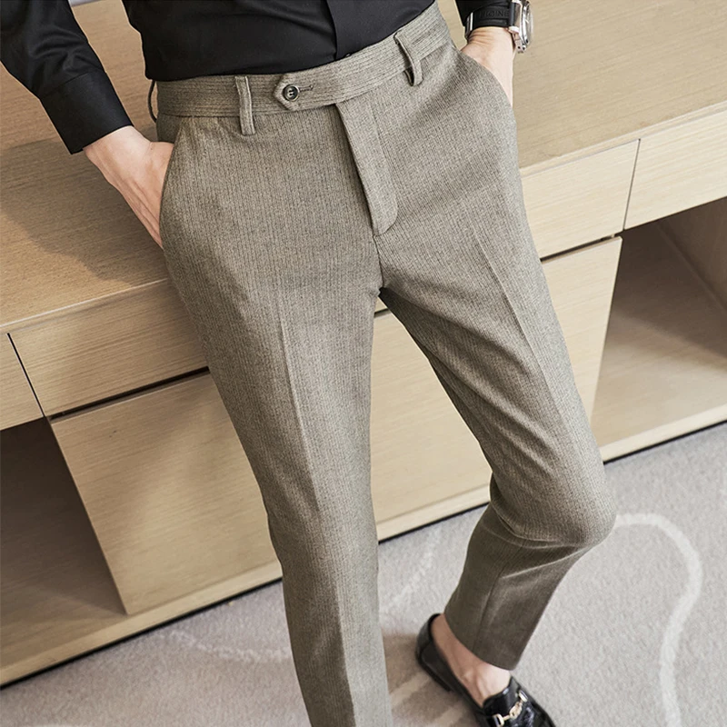 Fashionable Striped Woolen Trousers Mens Autumn Winter Vintage Draped Straight Suit Pants Casual Slim Trousers For Men Business