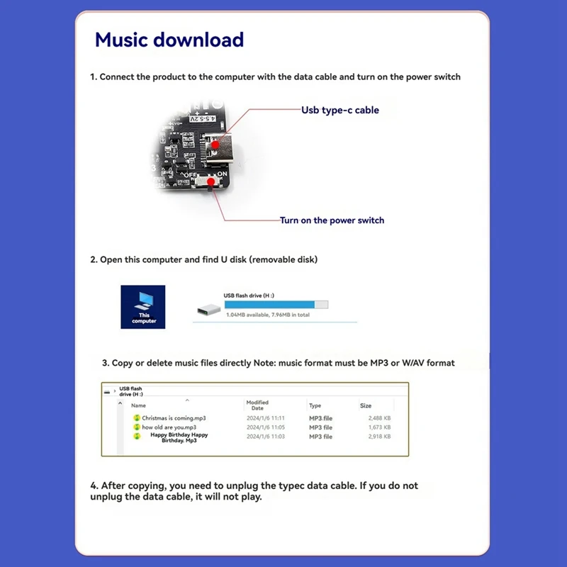وحدة صوت قابلة للتسجيل مع تنزيل MP3 TYPE-C لصندوق الهدايا وبطاقة عيد الميلاد وعيد الميلاد وغطاء الموسيقى مع بطارية-ABLL