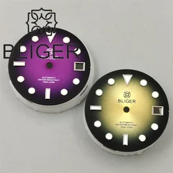 BLIGER 29mm Watch Dial Gradient Black Gold Black Purple Dial With Silver Time Mark Green Luminous Fit For NH35 Movement Watches