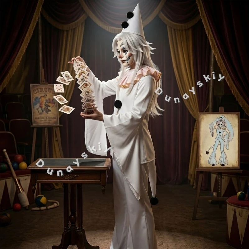 

White Pierrot Horror Cosplay With Ruffled Collar Hat Silver Long Wig Halloween Flared Bell Bottom Pants Cos Game Freakk Circuuss
