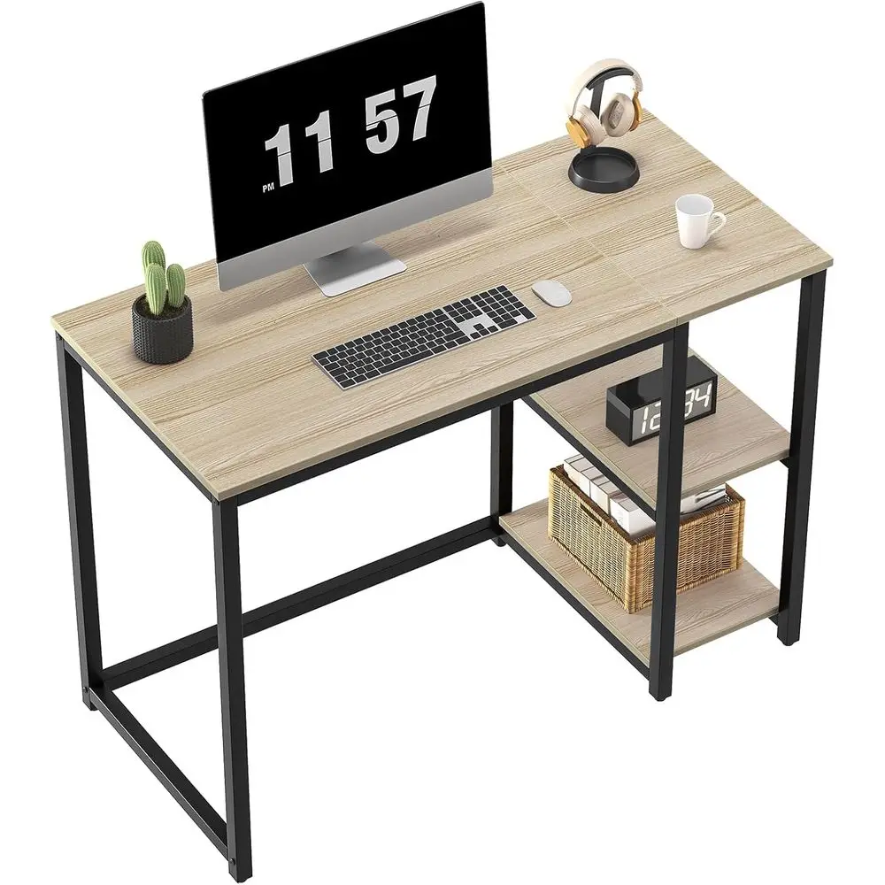 40'' Oak Computer Desk with Shelves, Sturdy Light Wood Desks with Storage Space, ern Gaming Desk Study Writing Laptop Table, Bei