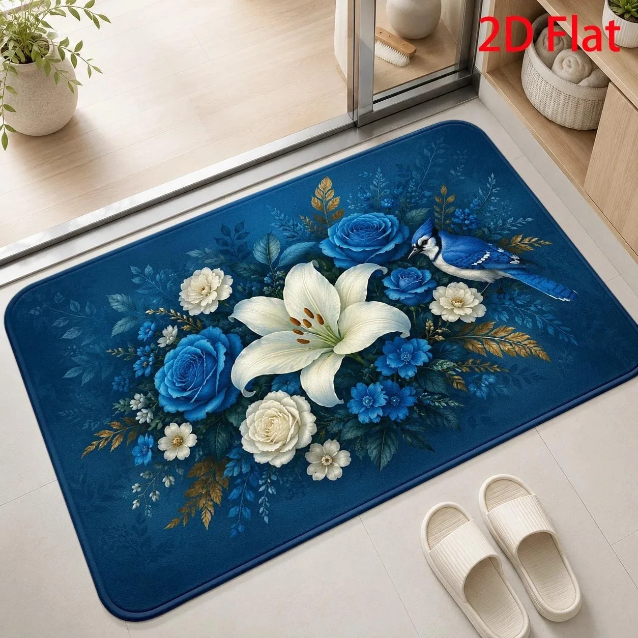 Pastel Tone Leaf Floral Dot Pattern Non‑Slip Doormat, Modern Art Style Rug for Home Entrance Porch Indoor Daily Household Decor