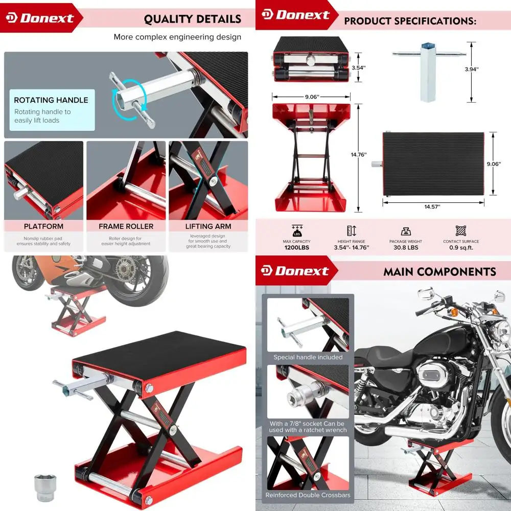 

1200 LB Capacity Scissor Jack with Wide Deck for Motorcycles, Bikes, ATVs - Garage Repair Stand, Red