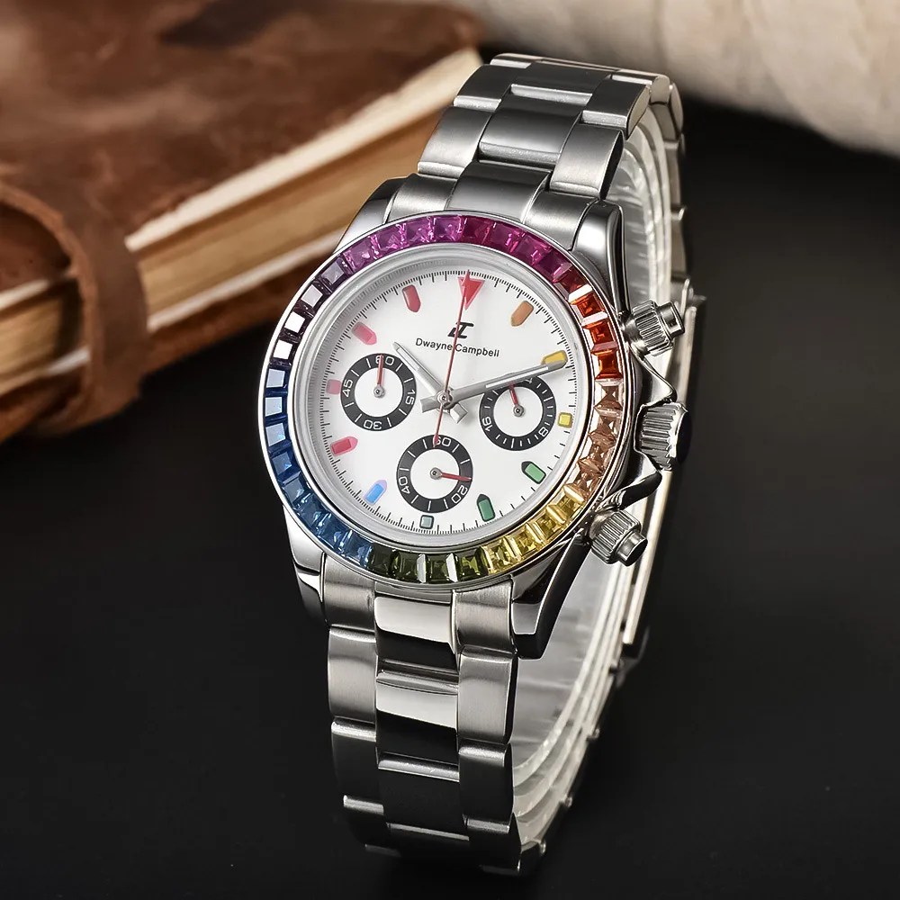 Regenboog Bezel Multifunctionele Quartz Horloges Dwayne Campbell Roestvrij Stalen Horloge VK63 Quartz Saffierglas Horloge Man