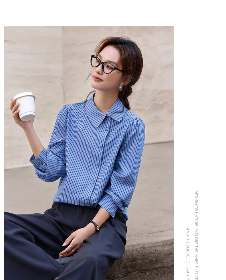 VIMLY Women's Blue Striped Shirt 2026 Spring New Irregular Placket Turn-Down Collar Long Sleeve Top Casual Commute Shirt A3711