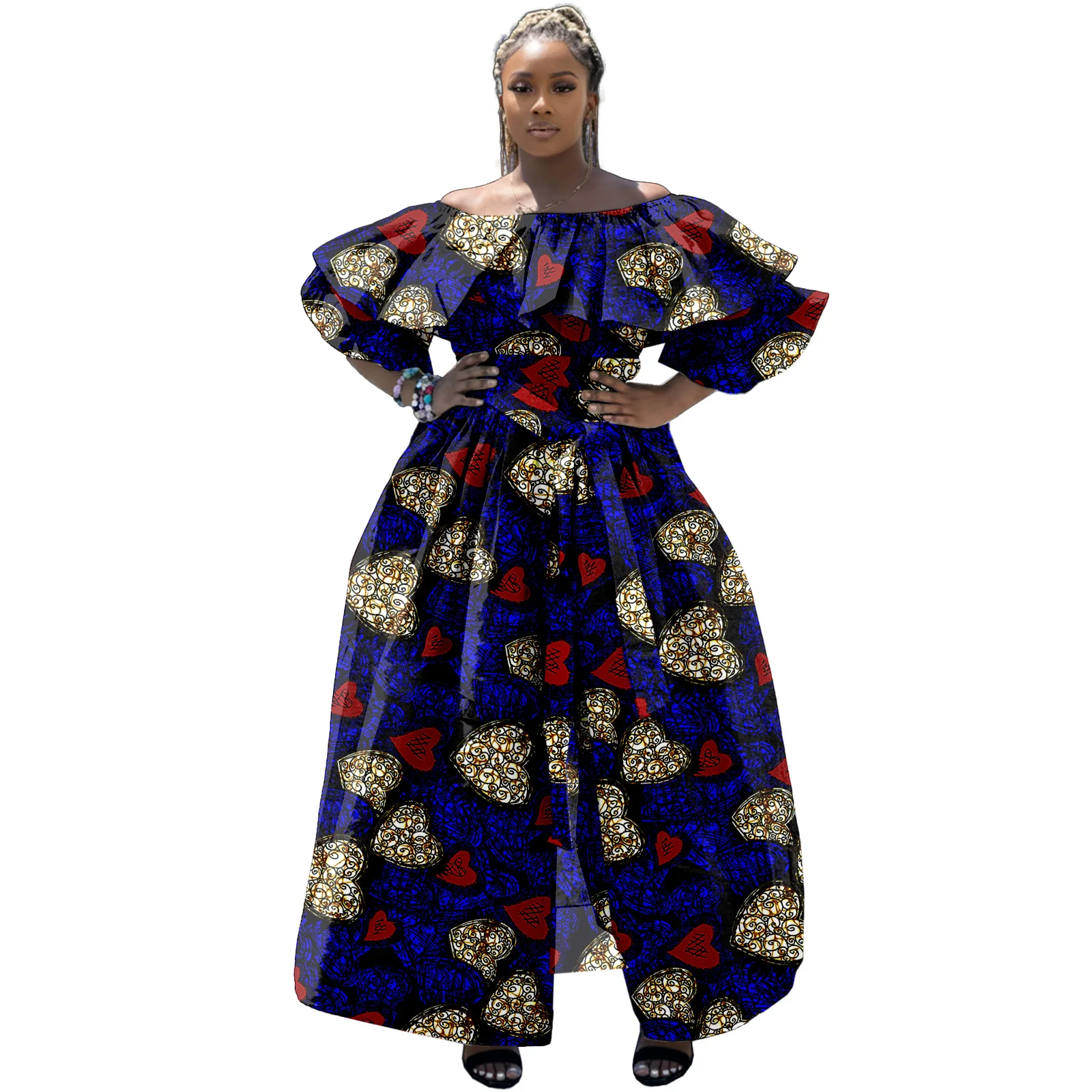 

African Off The Shoulder Dresses For Women Elegant Kente Print Maxi Dress Ankara Attire Clothes