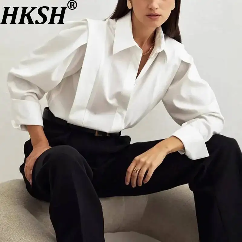 

HKSH Women Shirt Chic Design French Style Slim Fit Square Shoulders Long Sleeve Patchwork Solid Color Elegant Casual Top HK23634