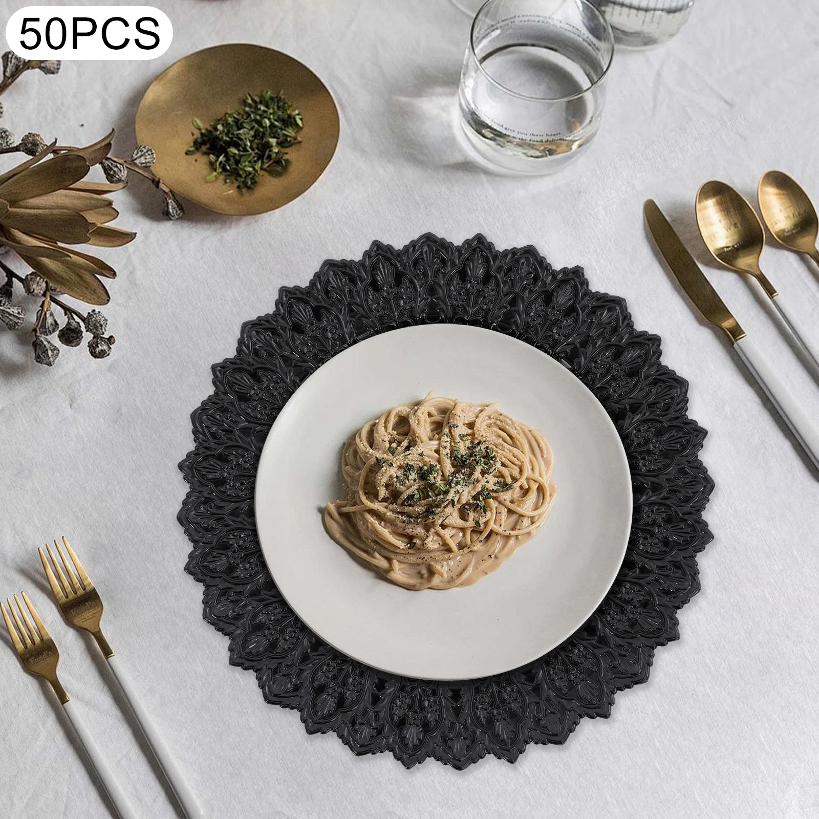 

50pcs Black PP 36*36*29cm Western Dim Sum Plate Retro Decorative Placemat Plate Painted on One Side
