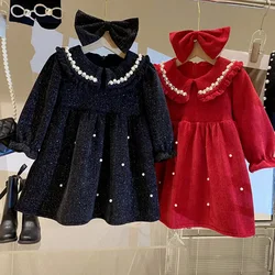 Girls Red Fleece Dress 2024 Autumn Winter Long Sleeve Peter Pan Collar Pearl Beading Princess Dresses Merry Christmas Kids Dress