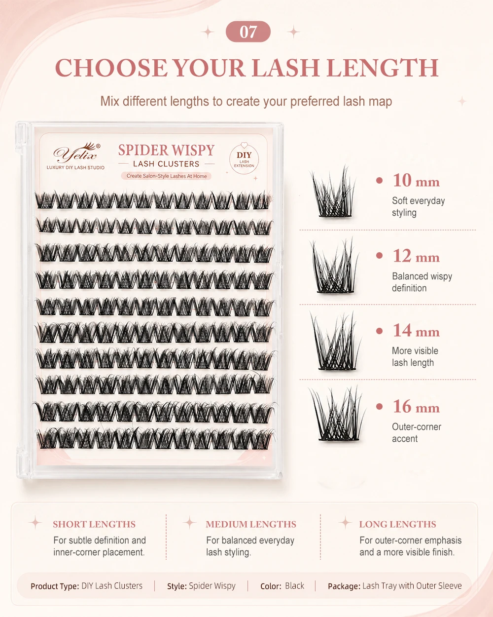 Yelix DIY Cluster Lashes Wispy Soft Selbstklebende Falsche Wimpernverlängerungen Großhandel für Schönheitssalons und Distributoren – Detail 7