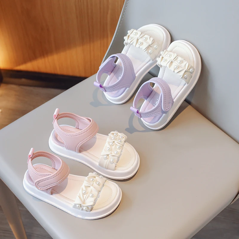 

Girls Princess Sandals Kids Pearls Performance Shoes Anti-Slippery Summer Fashion Children Beach Shoes Color Matching 2024