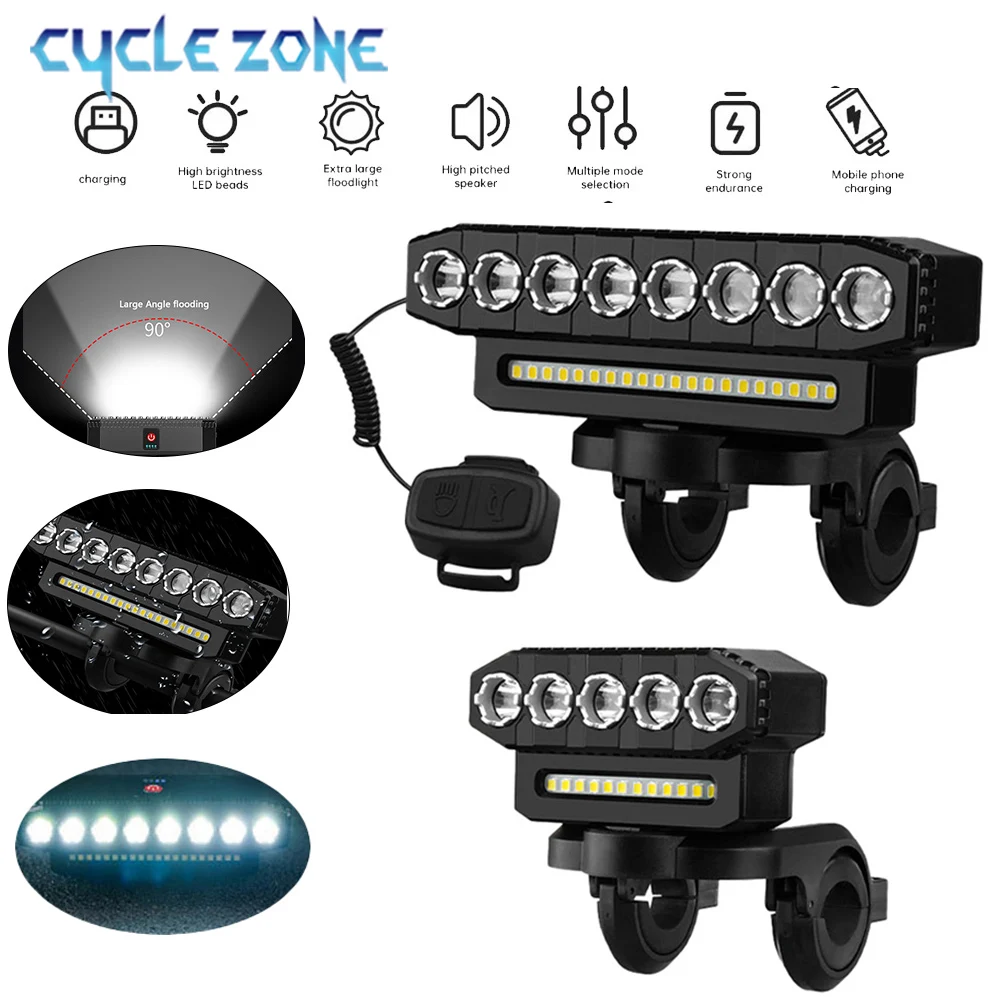 Bicycle Front Light with Horn Rechargeable LED Bike Headlight Easy to Install 6 Light Modes Bicycle Bell Lights for Night Riding