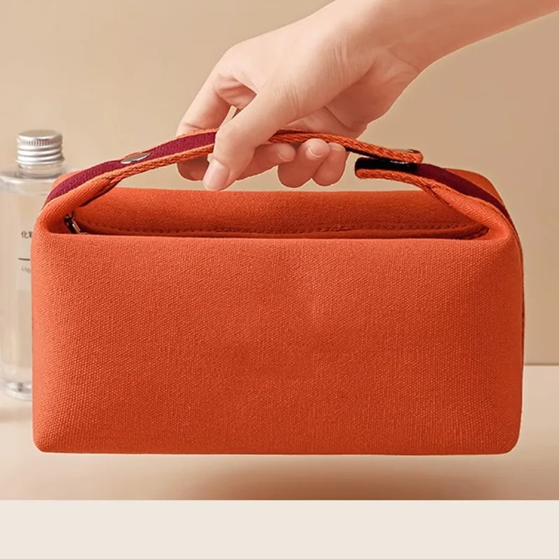 

Soft Texture Makeup Bag - Fashion Color Block Shoulder Bag for Women, Orange & Beige Gray, Portable Cosmetic Purse