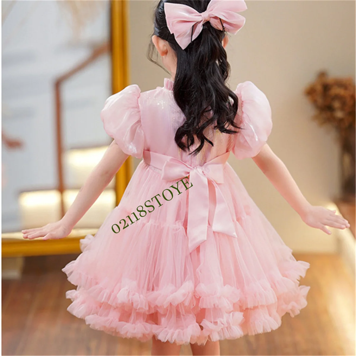 Pink Princess Dress Pearl Beaded Puffy First Communion Dress Flower Girl Dresses Cute Children Girls Dress First Gown