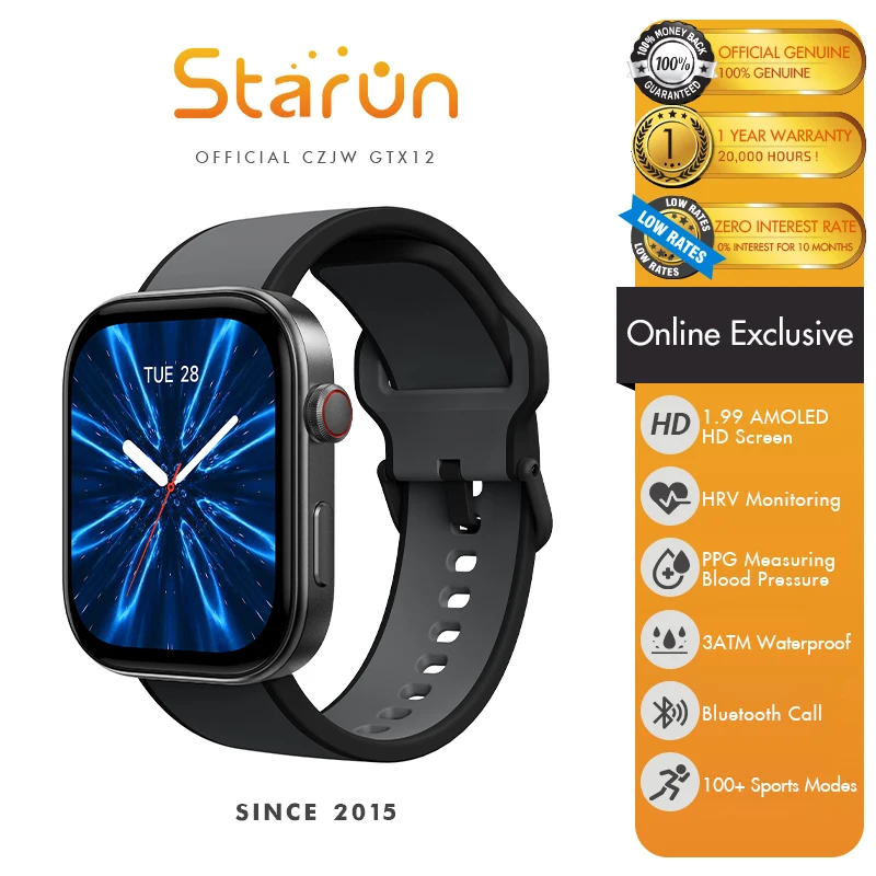 

New STARUN 2024 GTX12 1.99" AMOLED Smart Watch Men Women PPG Blood Pressure 100+ Sport Smartwatch 3ATM Waterproof Heart Rate