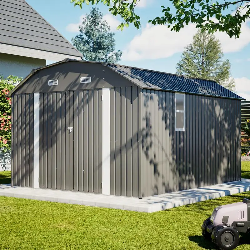 

10x12 FT Gray Outdoor Steel Storage Shed, Heavy-Duty Rust-Resistant Tool Shed with Floor Frame Kit