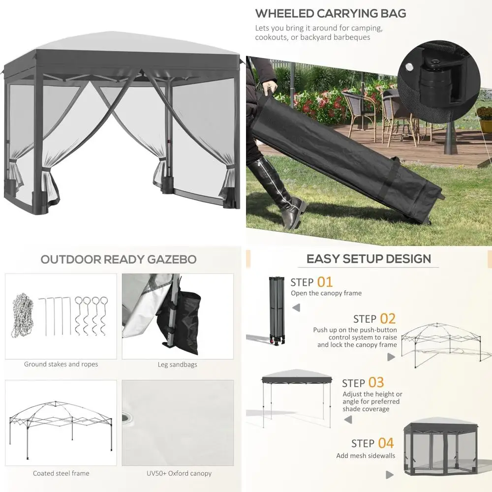 

Мгновенная всплывающая палатка с навесом, солнцезащитное укрытие 10x10 футов с регулируемой высотой, сумка для переноски на колесиках, идеально подходит для вечеринок на открытом воздухе и даже