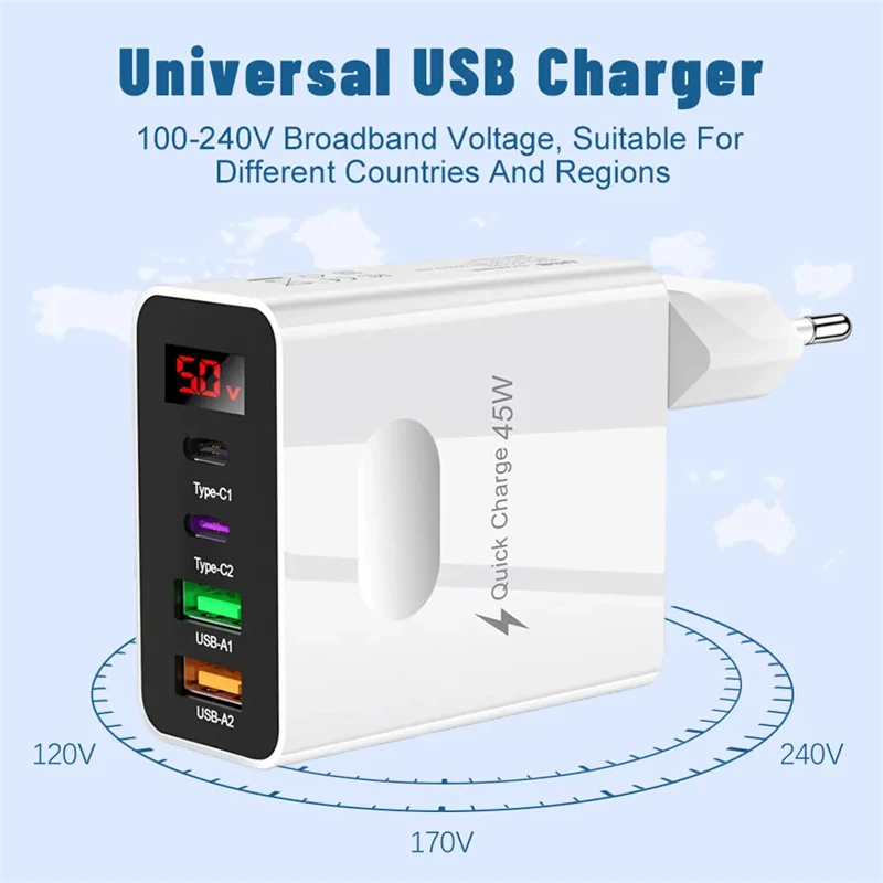 45W USB Charger Fast Charging 4 Ports Type C Phone Charger Adapter for Iphone Samsung Xiaomi Digital Display Usb C Wall Charger