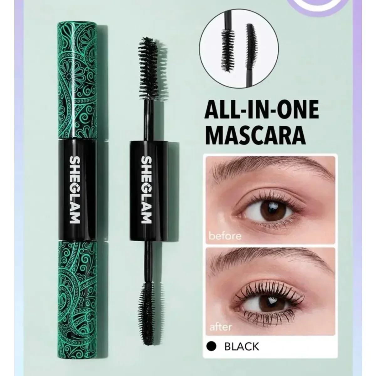SHEGLAM 2-in-1 schwarze, wasserfeste Wimperntusche mit Volumen und Längen, langlebiges, doppelseitiges Schlauch-Augen-Make-up