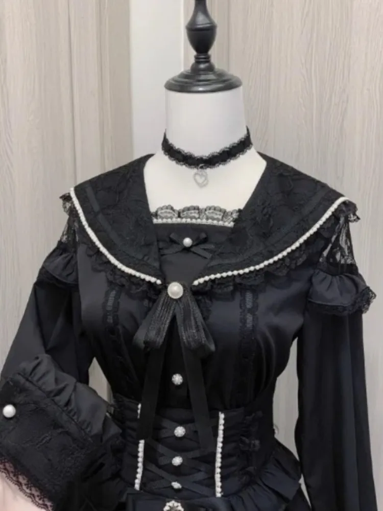 Kawaii لوليتا بلوزة المرأة بحار طوق قميص Y2k الجمالية الدانتيل المرقعة الجرونج القمم JK لطيف القوس زر Blusas اليابانية 2025