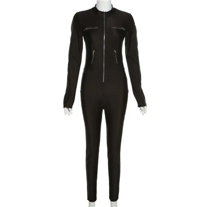 Krisnanas Women's Clothing Jumpsuit 2025 New Stylish Stand Collar PU Leather Zipper Cool Long Jumpsuits Tight Yoga Bodycon 90208