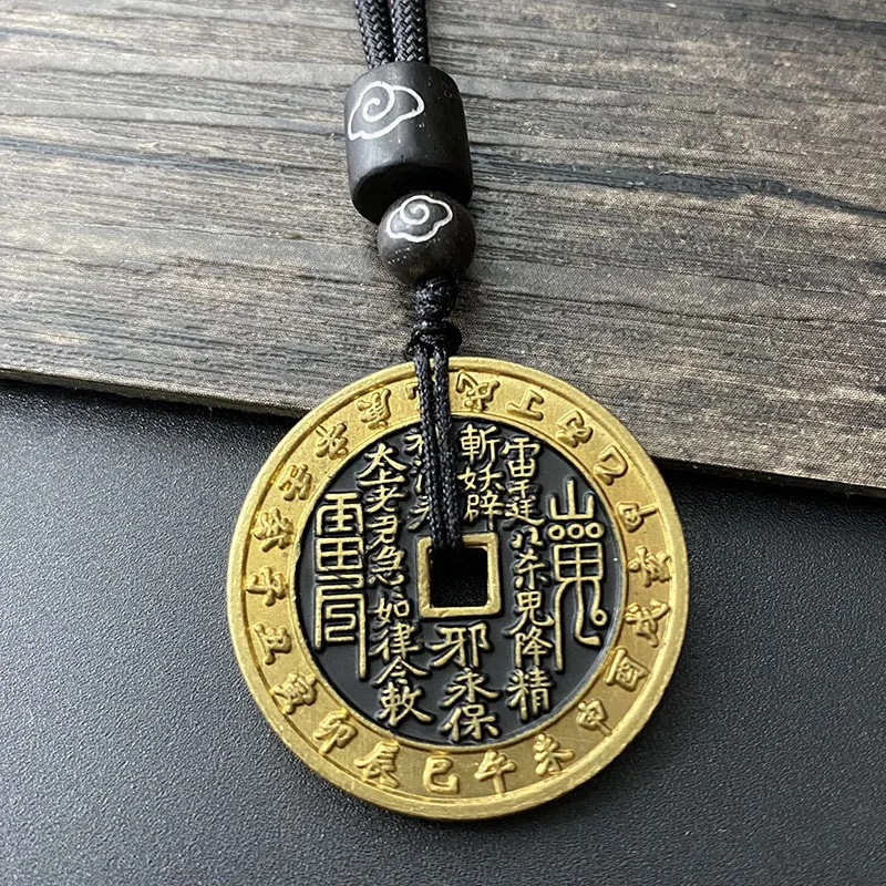 Genuine cinnabar pure copper Shangui money pendant necklace, Daoist amulet for peace