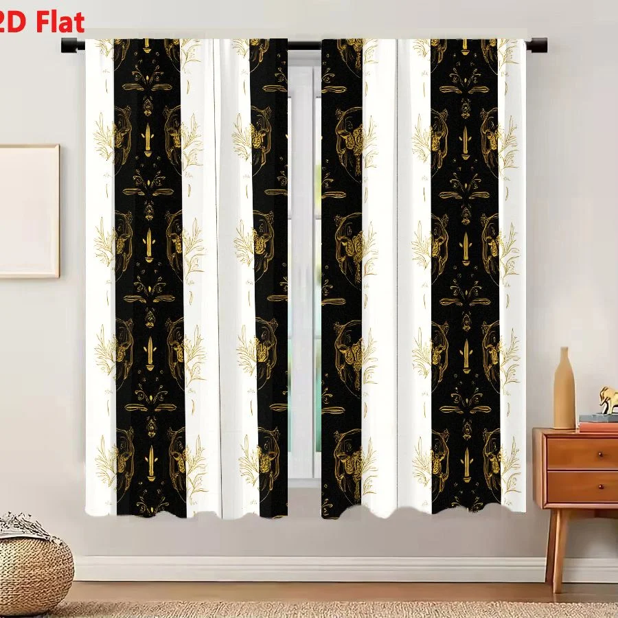 2Pcs Curtains 2D Flat Seamless Vertical Pattern With Black And White Stripes Featuring Ornate Gold Motifs, Stylized Candle Shape