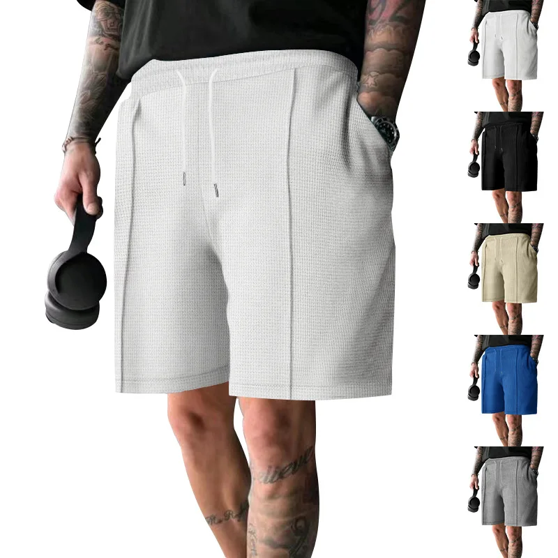 Summer New Casual Waffle Shorts Solid color quarter pants Fitness Training Running Casual Loose Quick-Drying Five-Point Pants