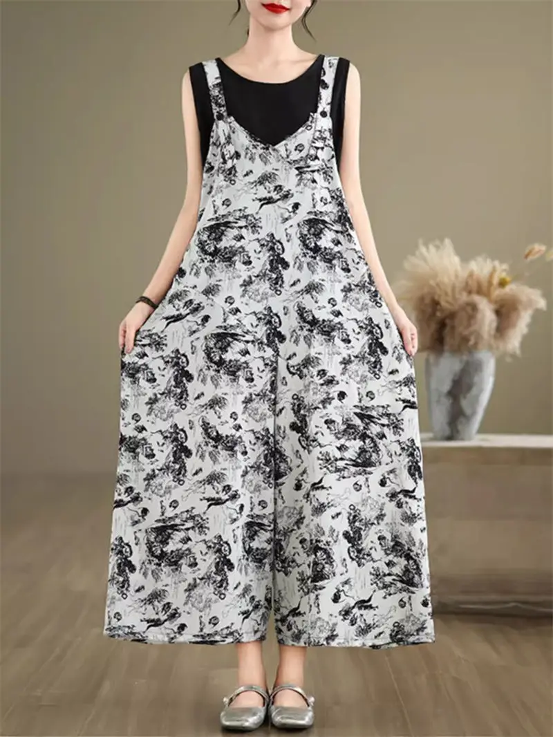 Ink Painting Jumpsuit Versatile Shoulder Strap Pants 2024 Summer Loose Oversized Chinese Style Wide Leg Trousers For Women K1674